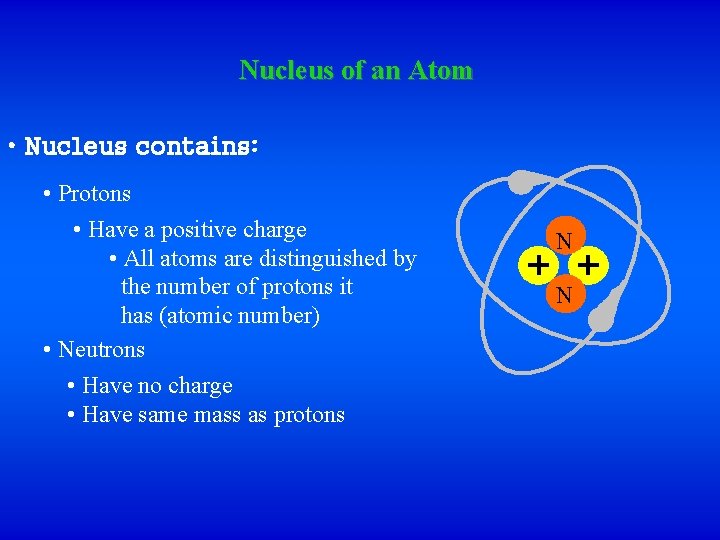 Nucleus of an Atom • Nucleus contains: • Protons • Have a positive charge