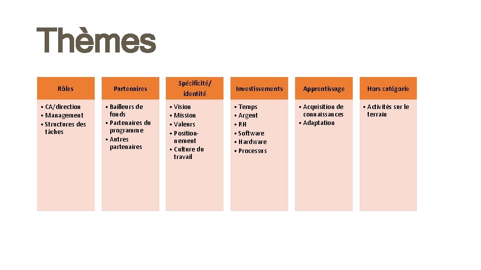 Thèmes Rôles • CA/direction • Management • Structures des tâches Partenaires • Bailleurs de