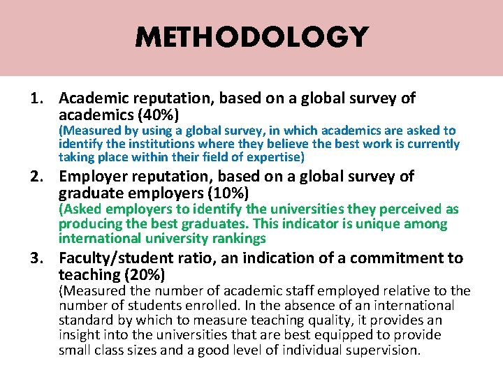 METHODOLOGY 1. Academic reputation, based on a global survey of academics (40%) (Measured by