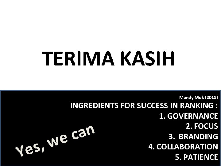 TERIMA KASIH Mandy Mok (2015) , s Ye INGREDIENTS FOR SUCCESS IN RANKING :