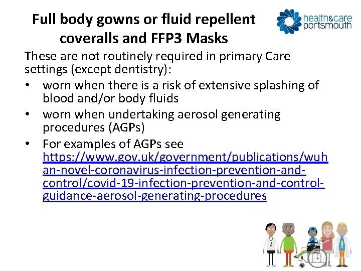 Full body gowns or fluid repellent coveralls and FFP 3 Masks These are not