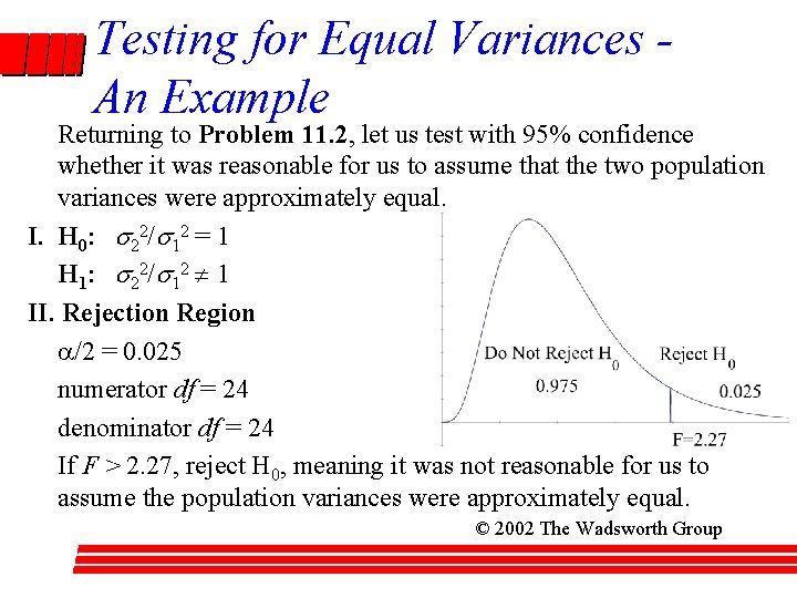 Testing for Equal Variances An Example Returning to Problem 11. 2, let us test