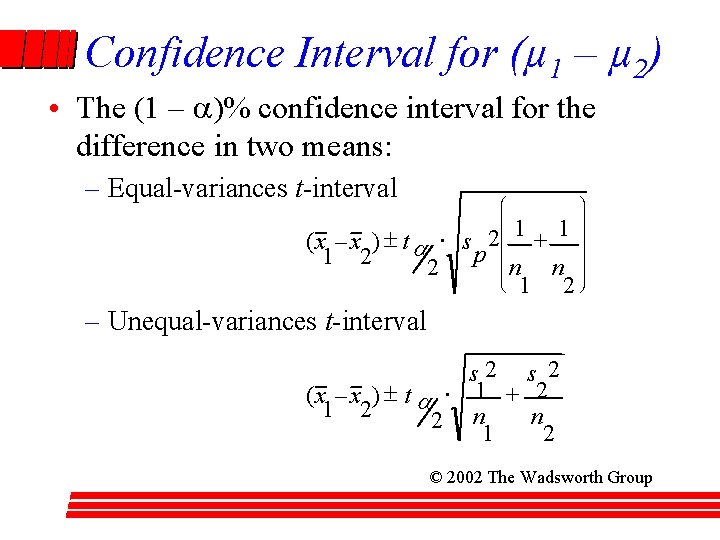 Confidence Interval for (µ 1 – µ 2) • The (1 – a)% confidence