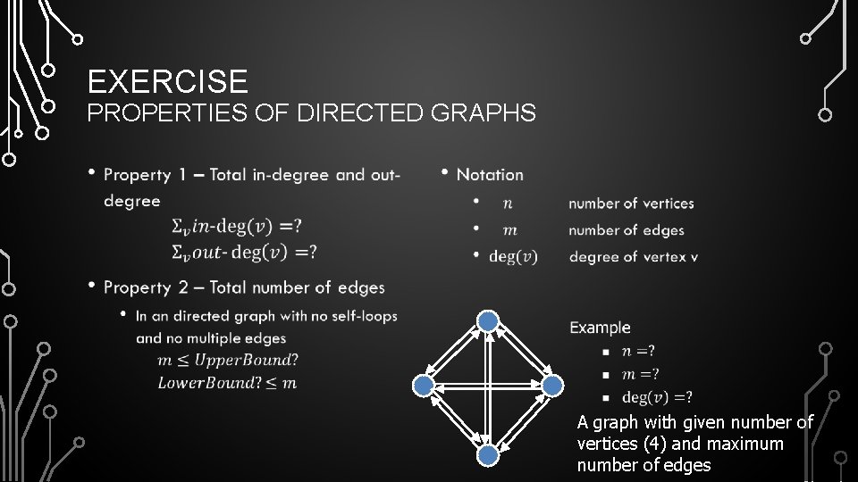 EXERCISE PROPERTIES OF DIRECTED GRAPHS • • A graph with given number of vertices