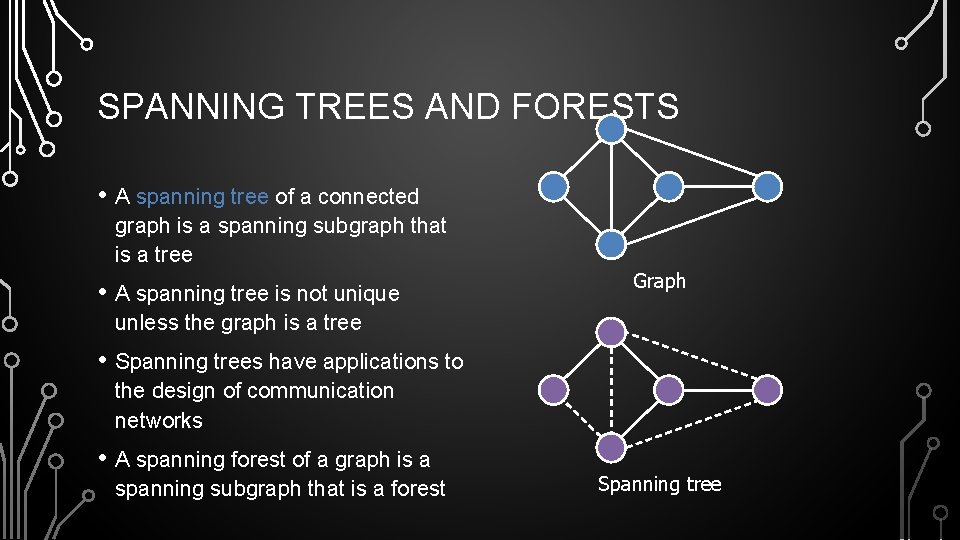 SPANNING TREES AND FORESTS • A spanning tree of a connected graph is a