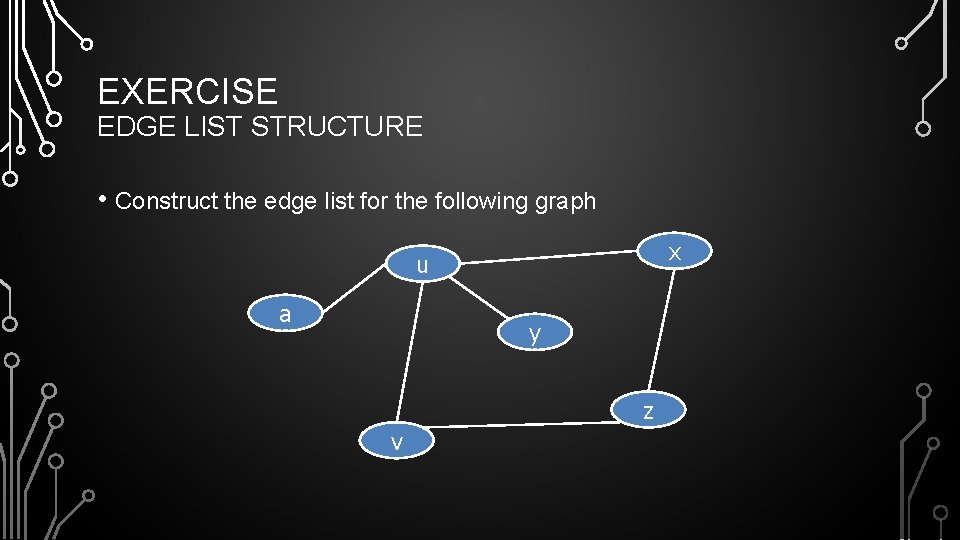 EXERCISE EDGE LIST STRUCTURE • Construct the edge list for the following graph x