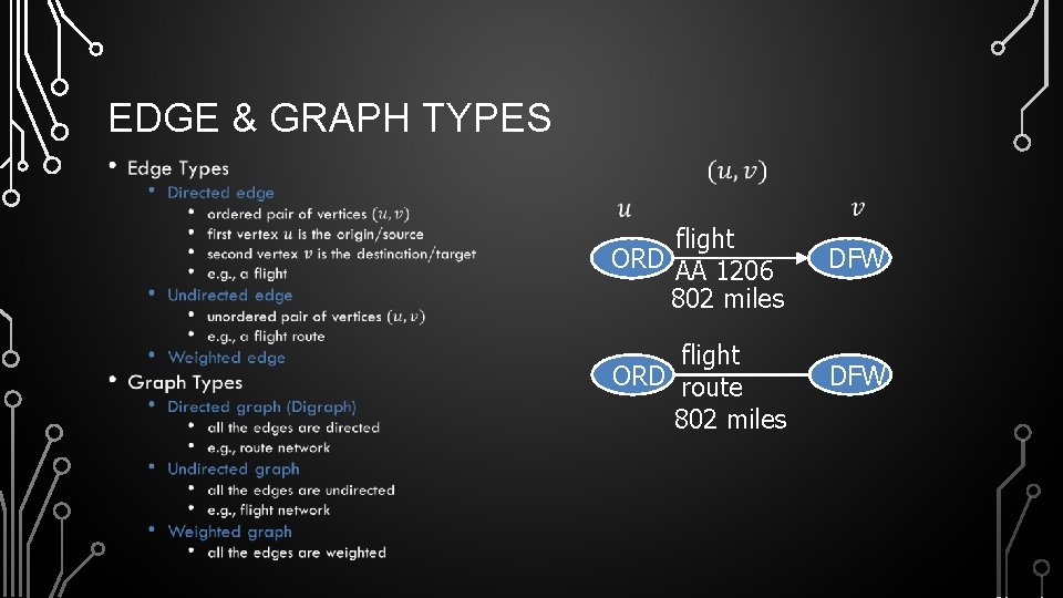 EDGE & GRAPH TYPES • flight ORD AA 1206 802 miles DFW flight ORD