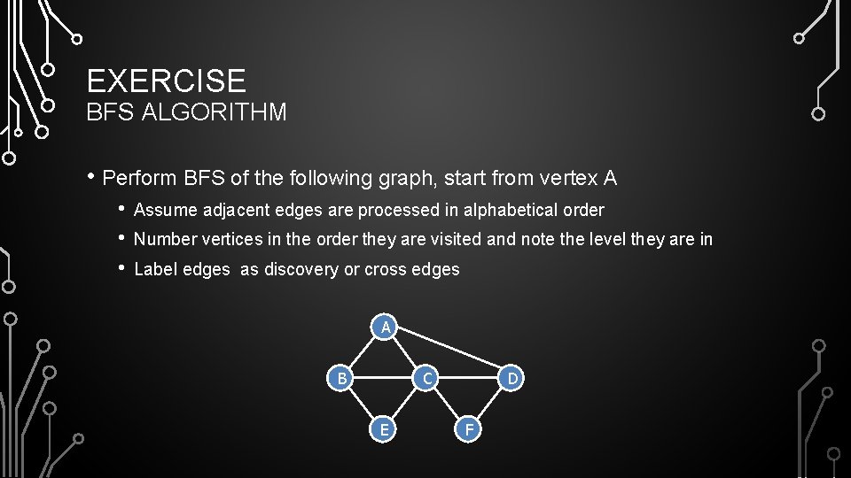 EXERCISE BFS ALGORITHM • Perform BFS of the following graph, start from vertex A
