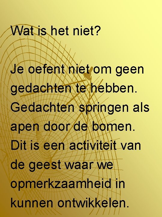 Wat is het niet? Je oefent niet om geen gedachten te hebben. Gedachten springen