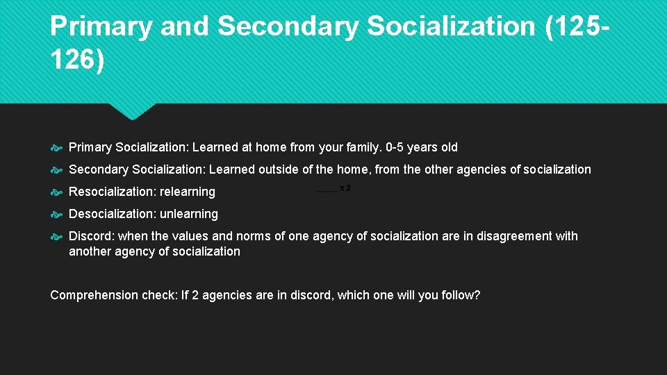 Primary and Secondary Socialization (125126) Primary Socialization: Learned at home from your family. 0