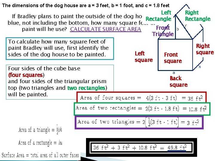 The dimensions of the dog house are a = 3 feet, b = 1