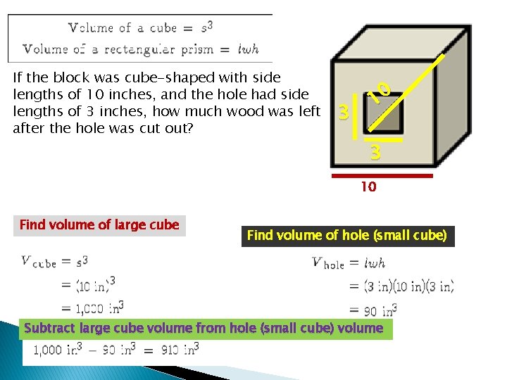 If the block was cube-shaped with side lengths of 10 inches, and the hole