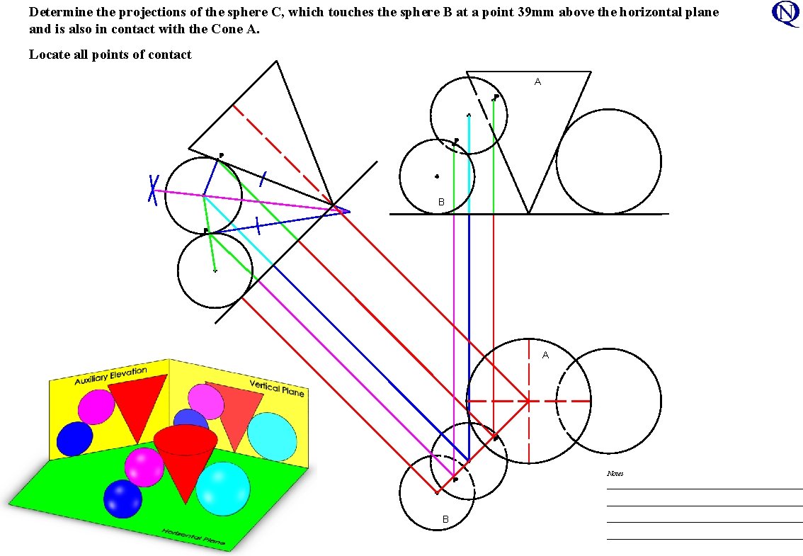 Determine the projections of the sphere C, which touches the sphere B at a Determine the projections of the sphere C, which touches the sphere B at a