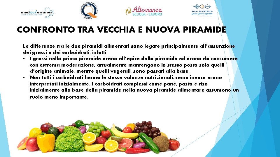 CONFRONTO TRA VECCHIA E NUOVA PIRAMIDE Le differenze tra le due piramidi alimentari sono