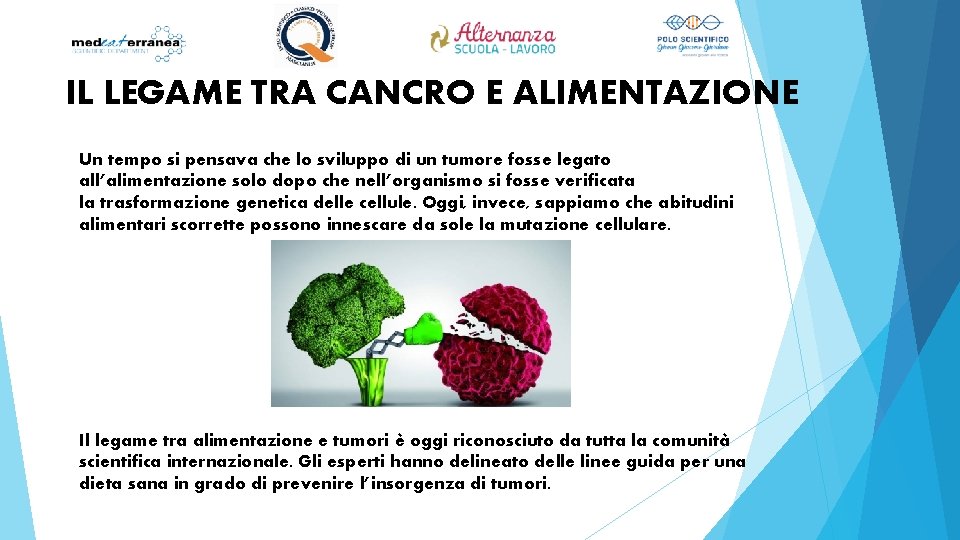 IL LEGAME TRA CANCRO E ALIMENTAZIONE Un tempo si pensava che lo sviluppo di