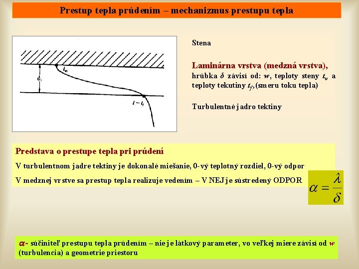 Prestup tepla prúdením – mechanizmus prestupu tepla Stena Laminárna vrstva (medzná vrstva), hrúbka δ