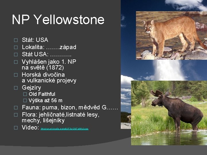 NP Yellowstone Stát: USA Lokalita: ……. západ Stát USA: ………. . Vyhlášen jako 1.