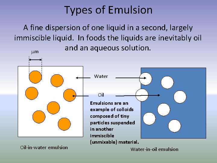 Types of Emulsion A fine dispersion of one liquid in a second, largely immiscible