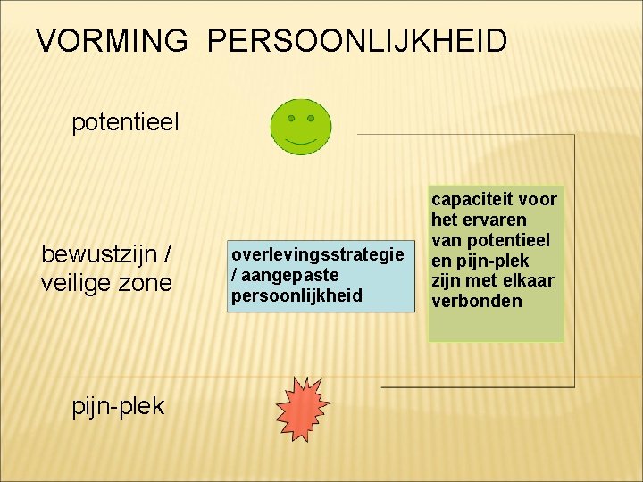 VORMING PERSOONLIJKHEID potentieel bewustzijn / veilige zone pijn-plek overlevingsstrategie / aangepaste persoonlijkheid capaciteit voor