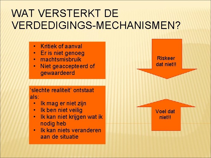 WAT VERSTERKT DE VERDEDIGINGS-MECHANISMEN? • • Kritiek of aanval Er is niet genoeg machtsmisbruik