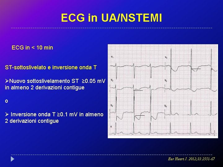 ECG in UA/NSTEMI ECG in < 10 min ST-sottoslivelato e inversione onda T ØNuovo