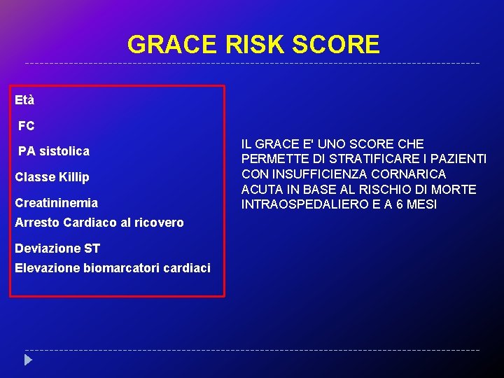 GRACE RISK SCORE Età FC PA sistolica Classe Killip Creatininemia Arresto Cardiaco al ricovero