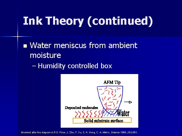 Ink Theory (continued) n Water meniscus from ambient moisture – Humidity controlled box Modeled