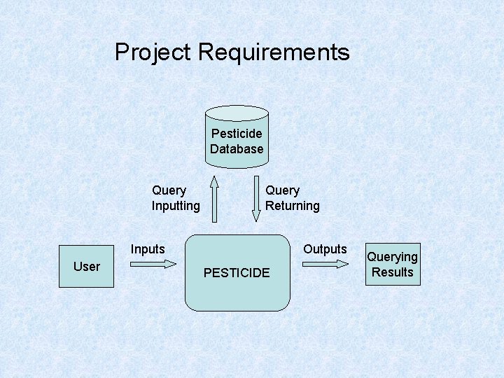 Project Requirements Pesticide Database Query Inputting Query Returning Inputs User Outputs PESTICIDE Querying Results Project Requirements Pesticide Database Query Inputting Query Returning Inputs User Outputs PESTICIDE Querying Results