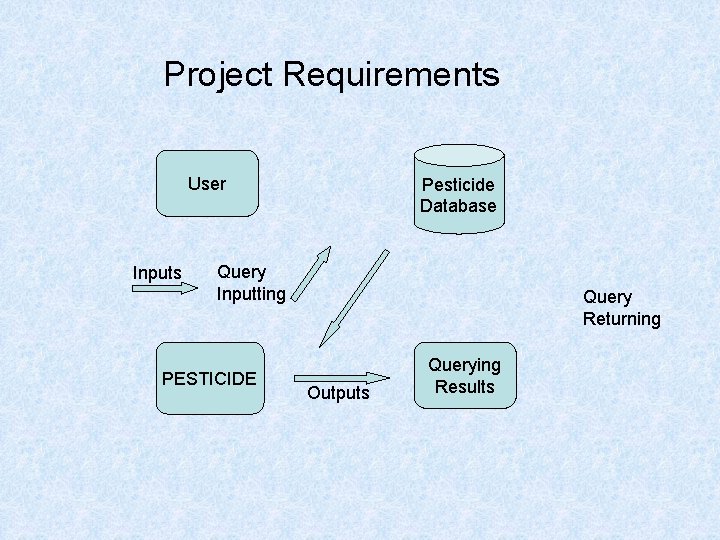 Project Requirements User Inputs Pesticide Database Query Inputting PESTICIDE Query Returning Outputs Querying Results Project Requirements User Inputs Pesticide Database Query Inputting PESTICIDE Query Returning Outputs Querying Results