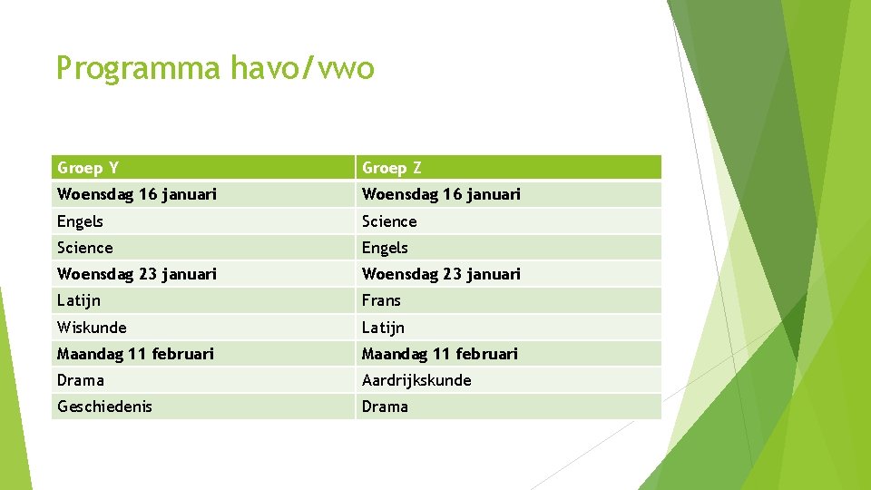 Programma havo/vwo Groep Y Groep Z Woensdag 16 januari Engels Science Engels Woensdag 23