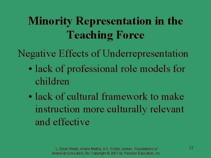 Minority Representation in the Teaching Force Negative Effects of Underrepresentation • lack of professional