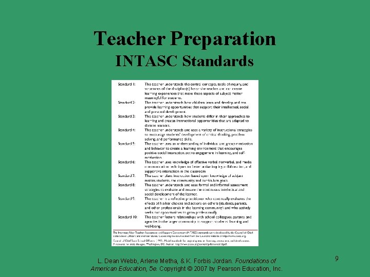 Teacher Preparation INTASC Standards L. Dean Webb, Arlene Metha, & K. Forbis Jordan. Foundations