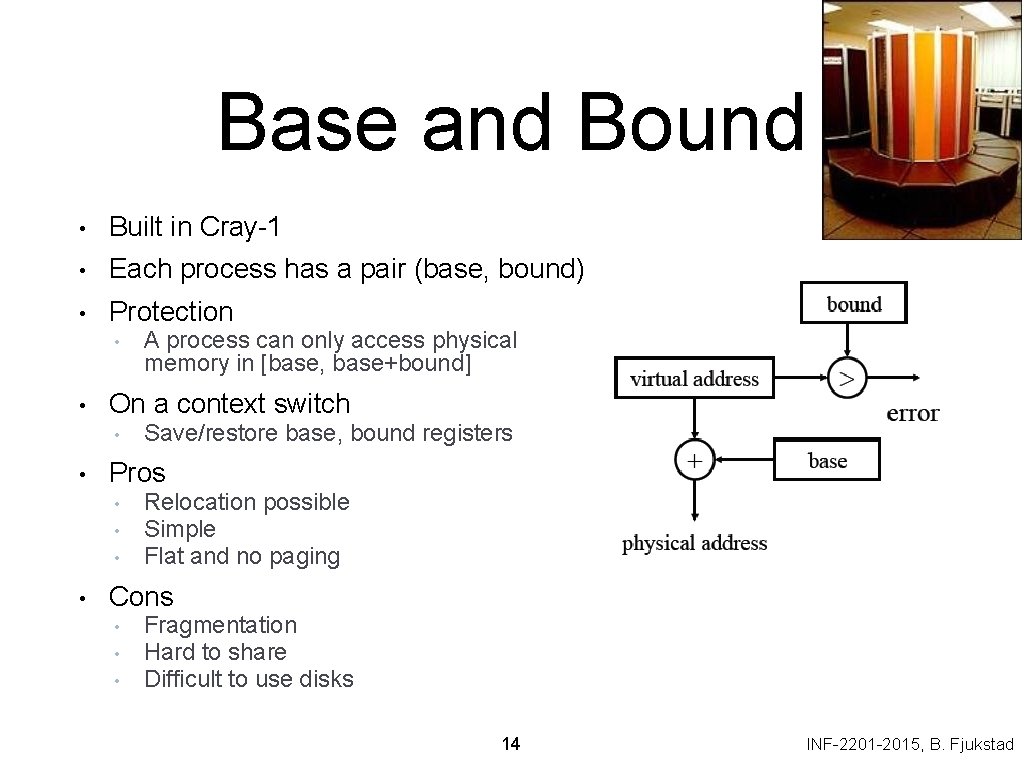 Base and Bound • Built in Cray-1 • Each process has a pair (base,