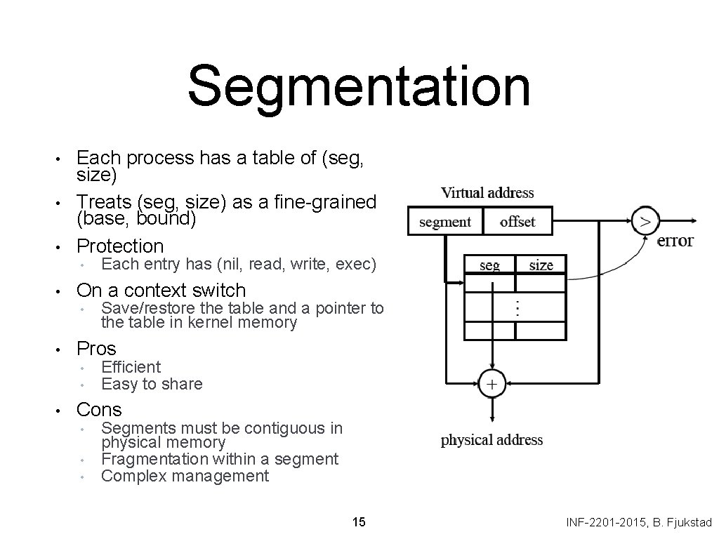 Segmentation • • • Each process has a table of (seg, size) Treats (seg,