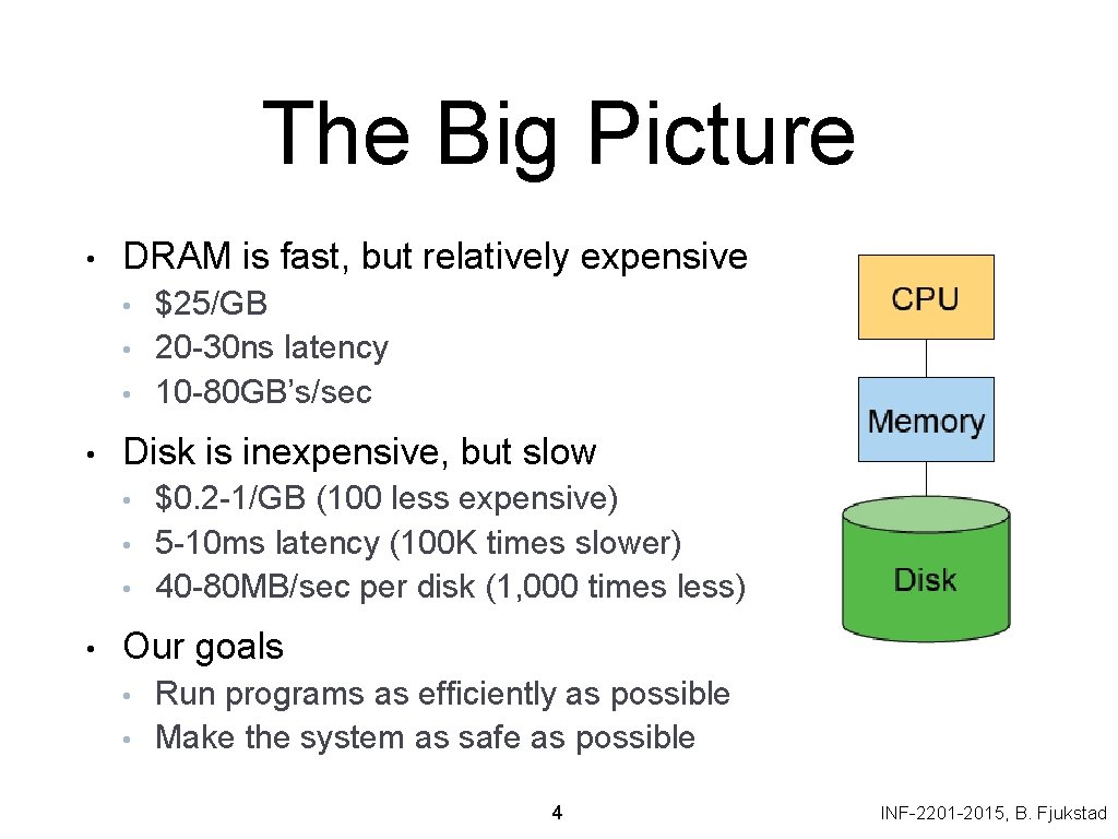 The Big Picture • DRAM is fast, but relatively expensive • • Disk is