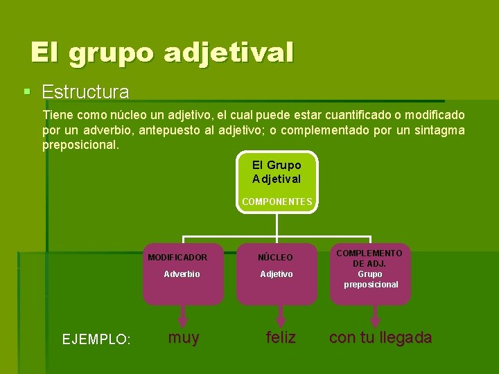 El grupo adjetival § Estructura Tiene como núcleo un adjetivo, el cual puede estar