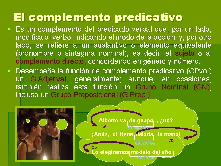 El complemento predicativo § Es un complemento del predicado verbal que, por un lado,