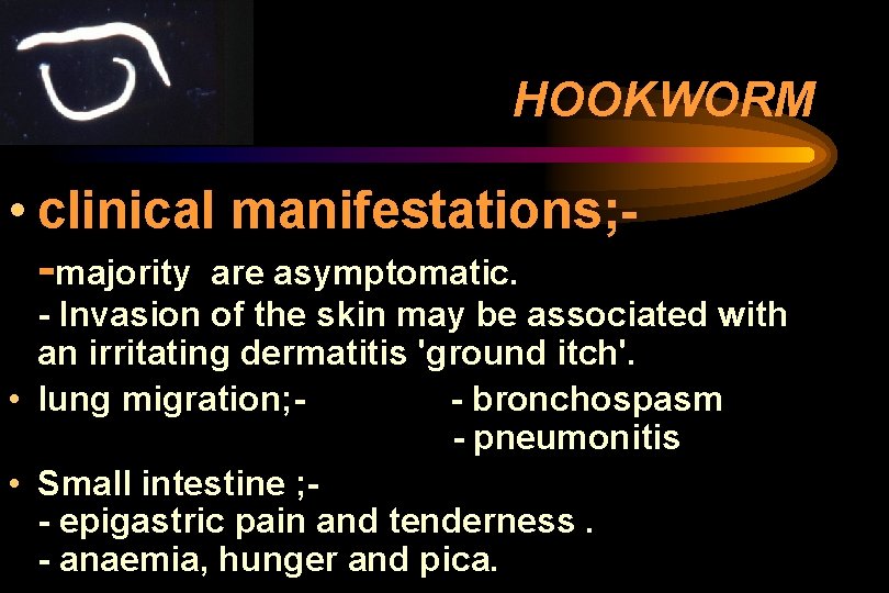 HOOKWORM • clinical manifestations; -majority are asymptomatic. - Invasion of the skin may be HOOKWORM • clinical manifestations; -majority are asymptomatic. - Invasion of the skin may be