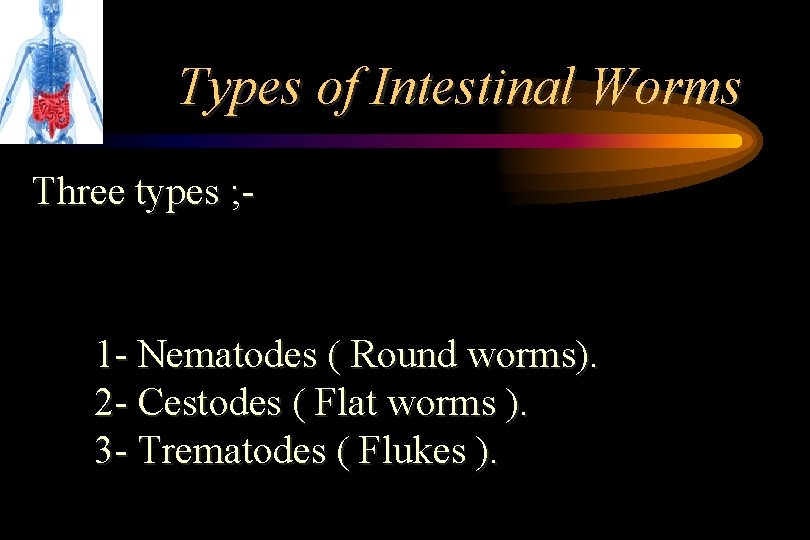 Types of Intestinal Worms Three types ; - 1 - Nematodes ( Round worms). Types of Intestinal Worms Three types ; - 1 - Nematodes ( Round worms).
