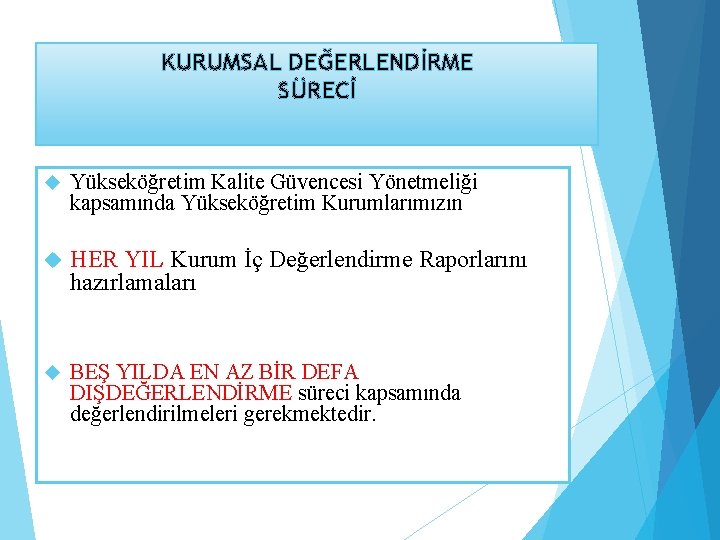 KURUMSAL DEĞERLENDİRME SÜRECİ Yükseköğretim Kalite Güvencesi Yönetmeliği kapsamında Yükseköğretim Kurumlarımızın; HER YIL Kurum İç