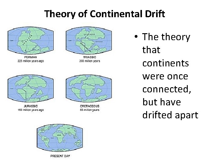 Theory of Continental Drift • The theory that continents were once connected, but have