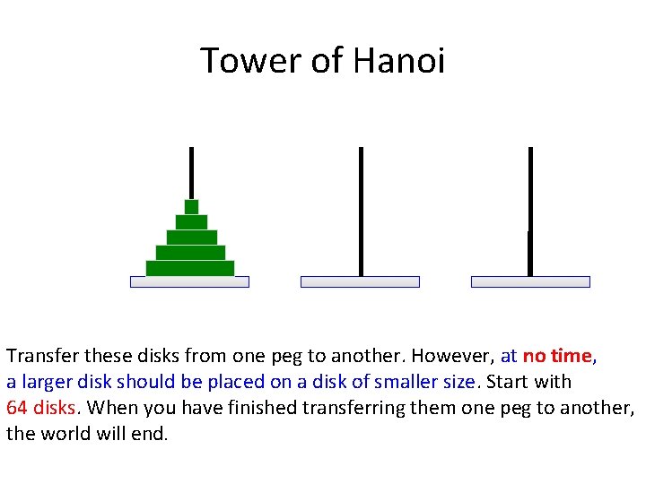 Tower of Hanoi Transfer these disks from one peg to another. However, at no