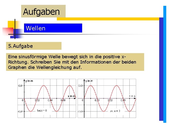 Aufgaben Wellen 5. Aufgabe Eine sinusförmige Welle bewegt sich in die positive x. Richtung. Aufgaben Wellen 5. Aufgabe Eine sinusförmige Welle bewegt sich in die positive x. Richtung.