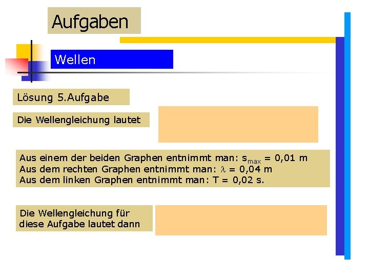 Aufgaben Wellen Lösung 5. Aufgabe Die Wellengleichung lautet Aus einem der beiden Graphen entnimmt Aufgaben Wellen Lösung 5. Aufgabe Die Wellengleichung lautet Aus einem der beiden Graphen entnimmt