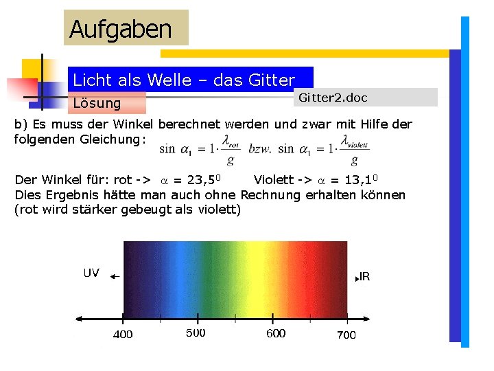 Aufgaben Licht als Welle – das Gitter Lösung Gitter 2. doc b) Es muss Aufgaben Licht als Welle – das Gitter Lösung Gitter 2. doc b) Es muss