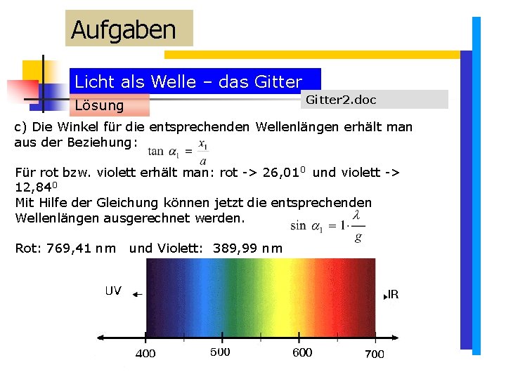 Aufgaben Licht als Welle – das Gitter 2. doc Lösung c) Die Winkel für Aufgaben Licht als Welle – das Gitter 2. doc Lösung c) Die Winkel für
