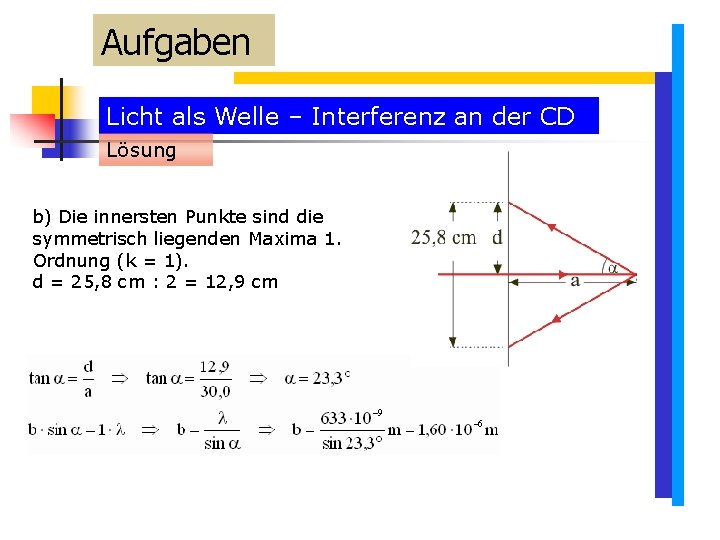 Aufgaben Licht als Welle – Interferenz an der CD Lösung b) Die innersten Punkte Aufgaben Licht als Welle – Interferenz an der CD Lösung b) Die innersten Punkte