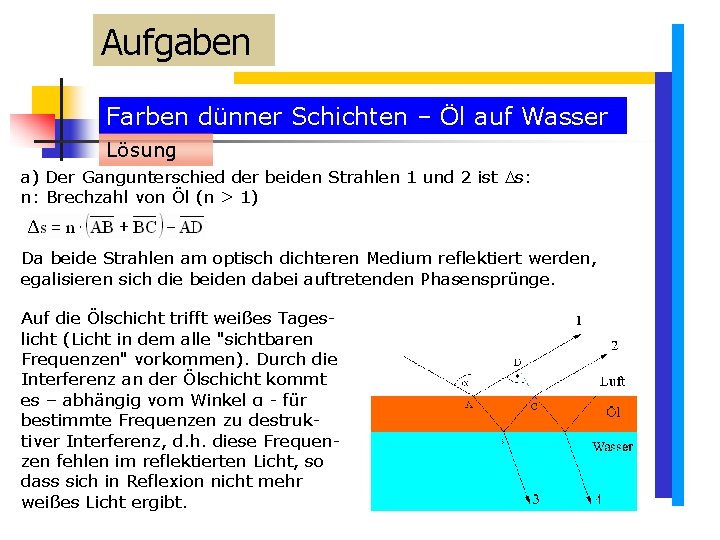 Aufgaben Farben dünner Schichten – Öl auf Wasser Lösung a) Der Gangunterschied der beiden Aufgaben Farben dünner Schichten – Öl auf Wasser Lösung a) Der Gangunterschied der beiden