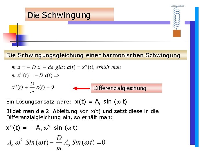 Die Schwingungsgleichung einer harmonischen Schwingung Differenzialgleichung Ein Lösungsansatz wäre: x(t) = Ao sin ( Die Schwingungsgleichung einer harmonischen Schwingung Differenzialgleichung Ein Lösungsansatz wäre: x(t) = Ao sin (