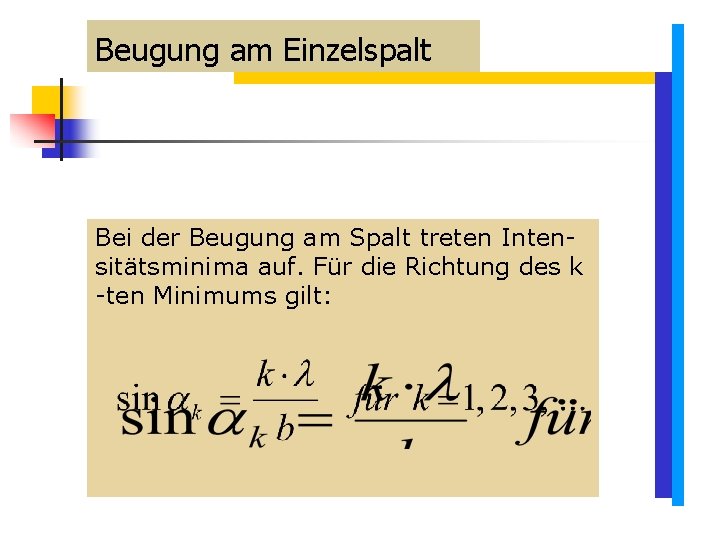 Beugung am Einzelspalt Bei der Beugung am Spalt treten Intensitätsminima auf. Für die Richtung Beugung am Einzelspalt Bei der Beugung am Spalt treten Intensitätsminima auf. Für die Richtung